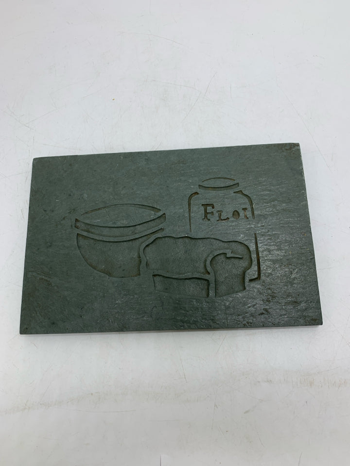GREEN SLAB W/ CARVED BOWL BREAD FLOWER TRIVET/BREAD STONE.