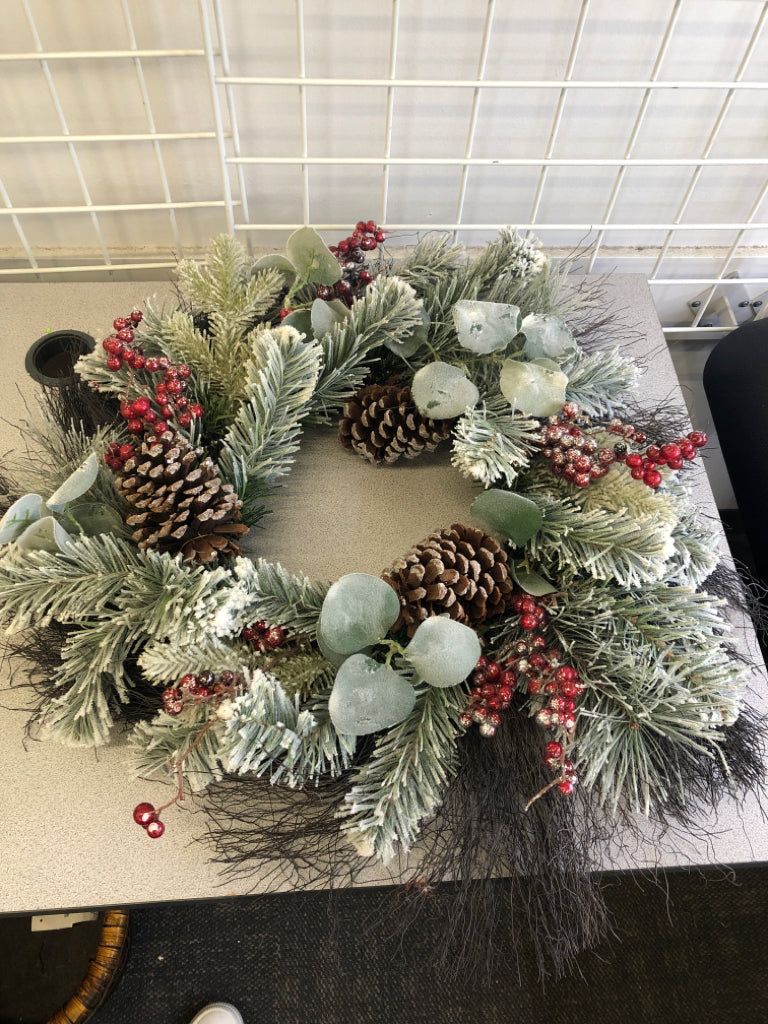 PINECONES W/RED BERRIES, WHITE SNOW WREATH.