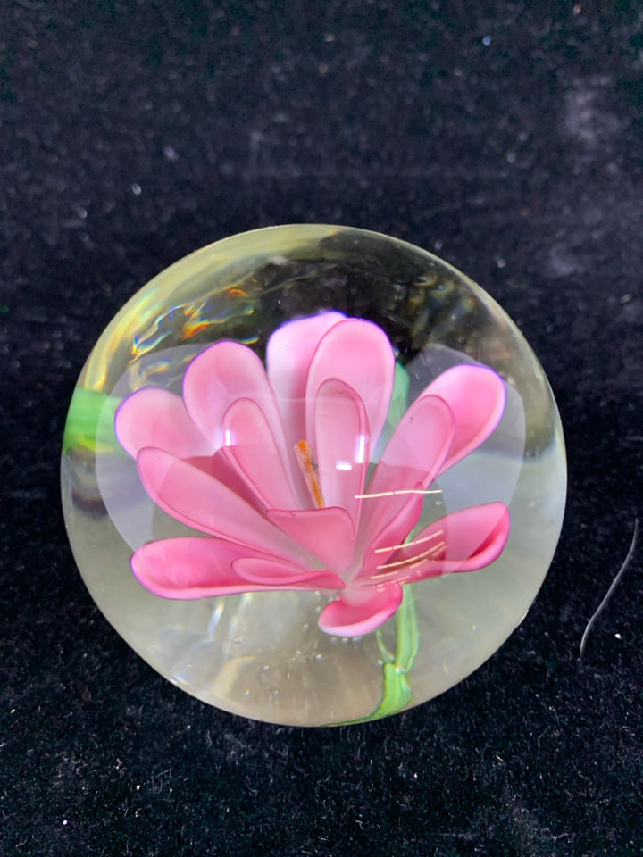 PINK FLOWER GLASS BALL PAPERWEIGHT.