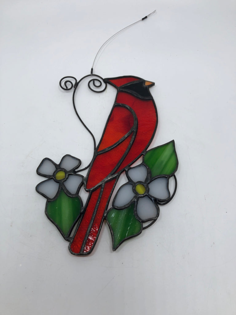 STAINED GLASS CARDINAL HANGING.
