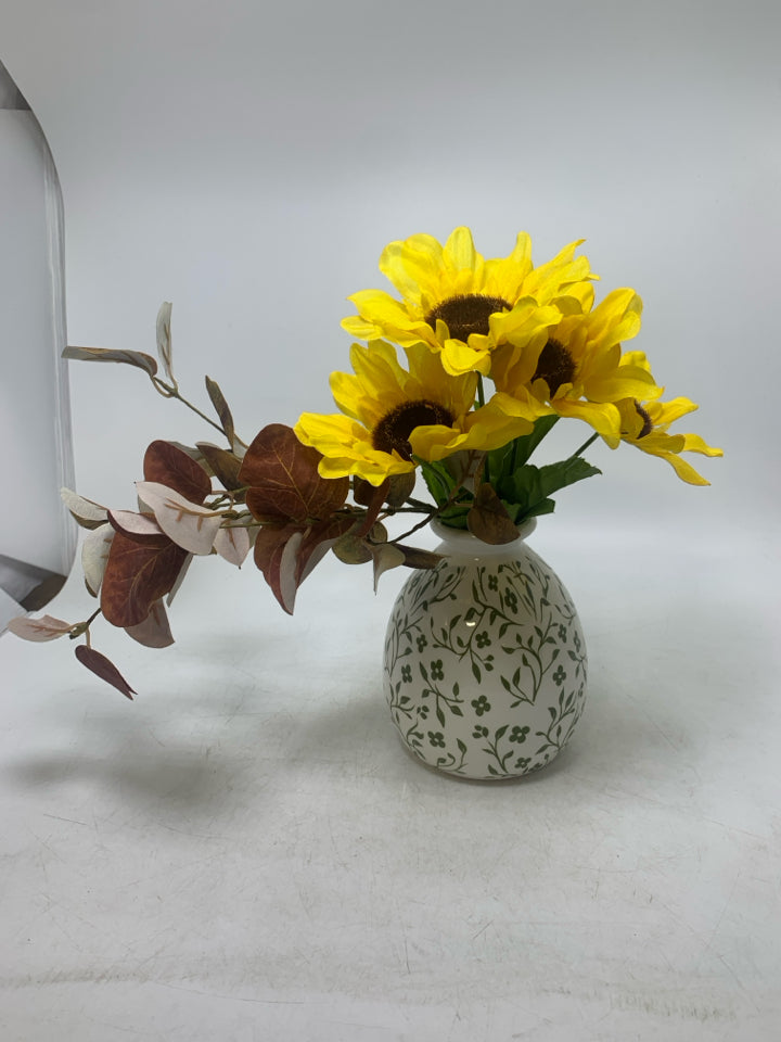 WHITE/GREEN VASE W/ FAUX YELLOW FLOWERS.