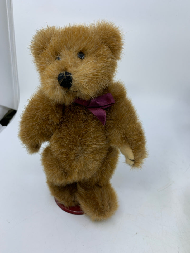 LIGHT BROWN BEAR W/ MAROON BOW & STAND BOYDS BEAR.