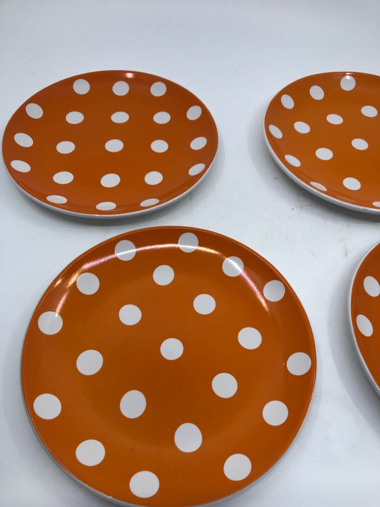 4 ORANGE POLKA DOT PLATES.