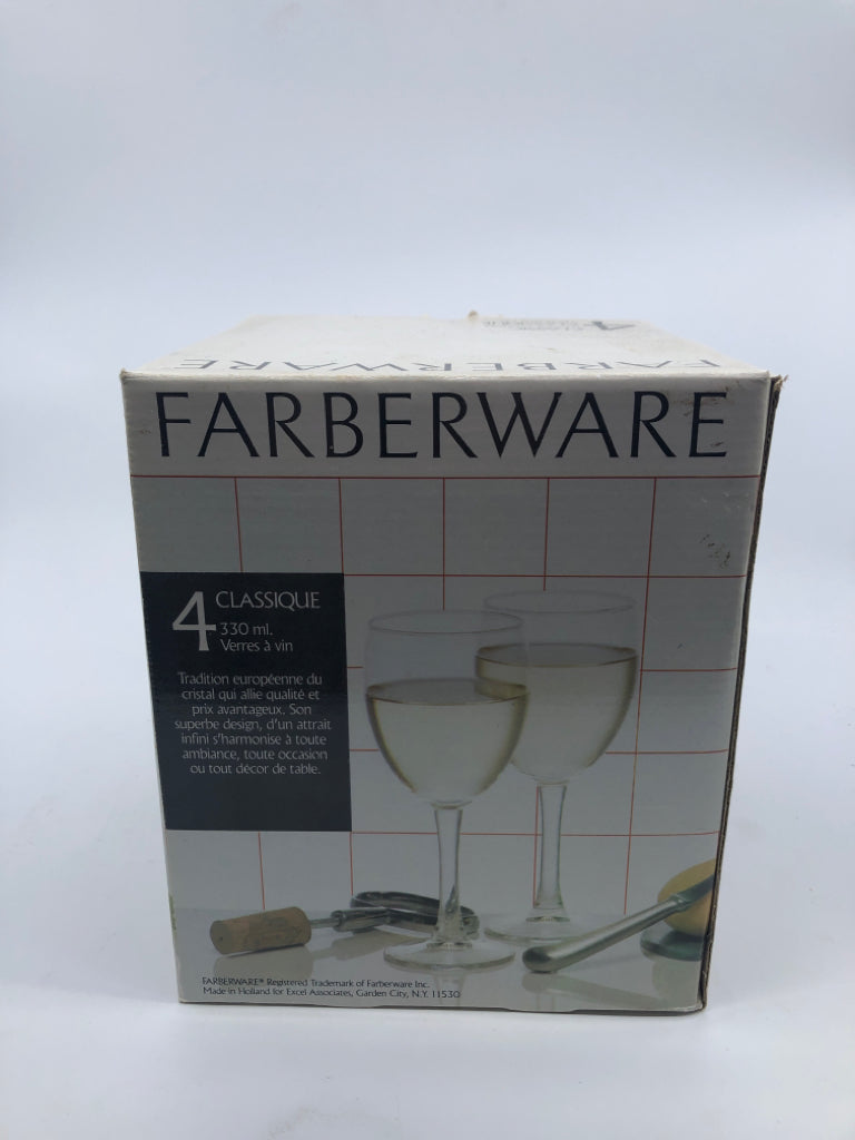 NIB FARBERWARE WINE GLASSES.