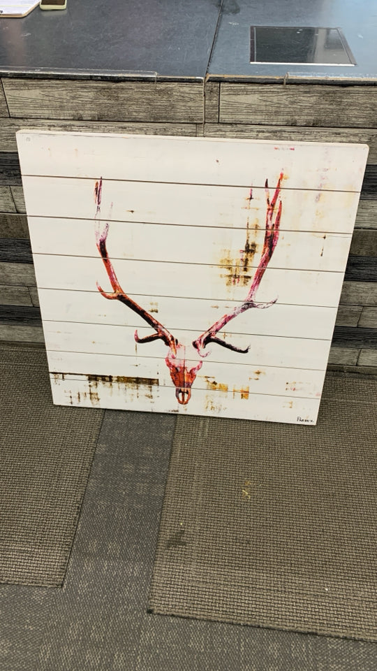 DEER SKULL PAINTING ON WHITE WOOD PLANKS WALL HANGING.