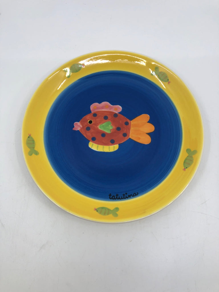 YELLOW BLUE PAINTED PLATE W FISH- TATUTINA.