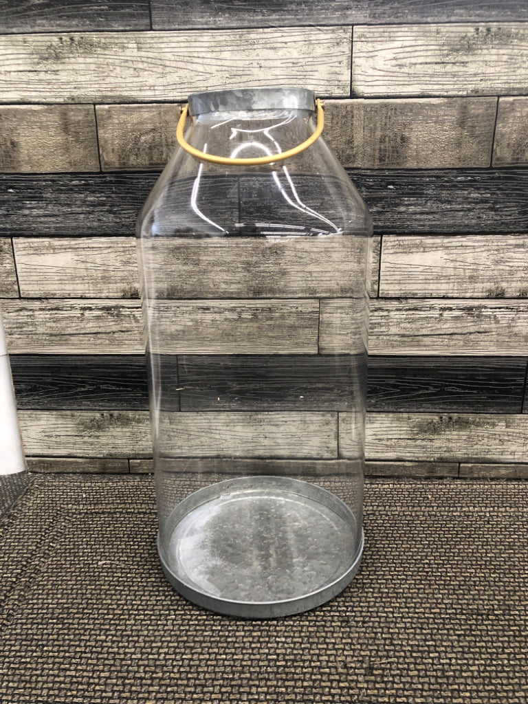 LARGE GLASS AND METAL VASE W HANDLE.