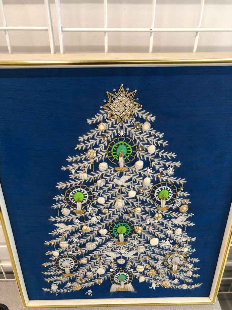 WHITE NEEDLEPOINT CHRISTMAS TREE W/BLUE BG.