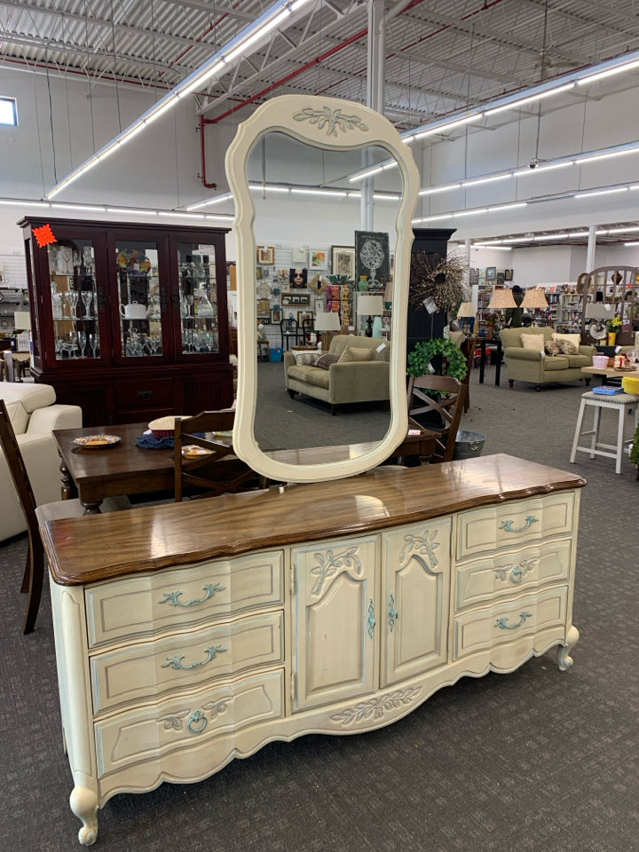 CREAM SPECKLED DISTRESSED DRESSER W/ TEAL DETAILS 6 DRAWERS, CABINET W/ 3 EXTRA