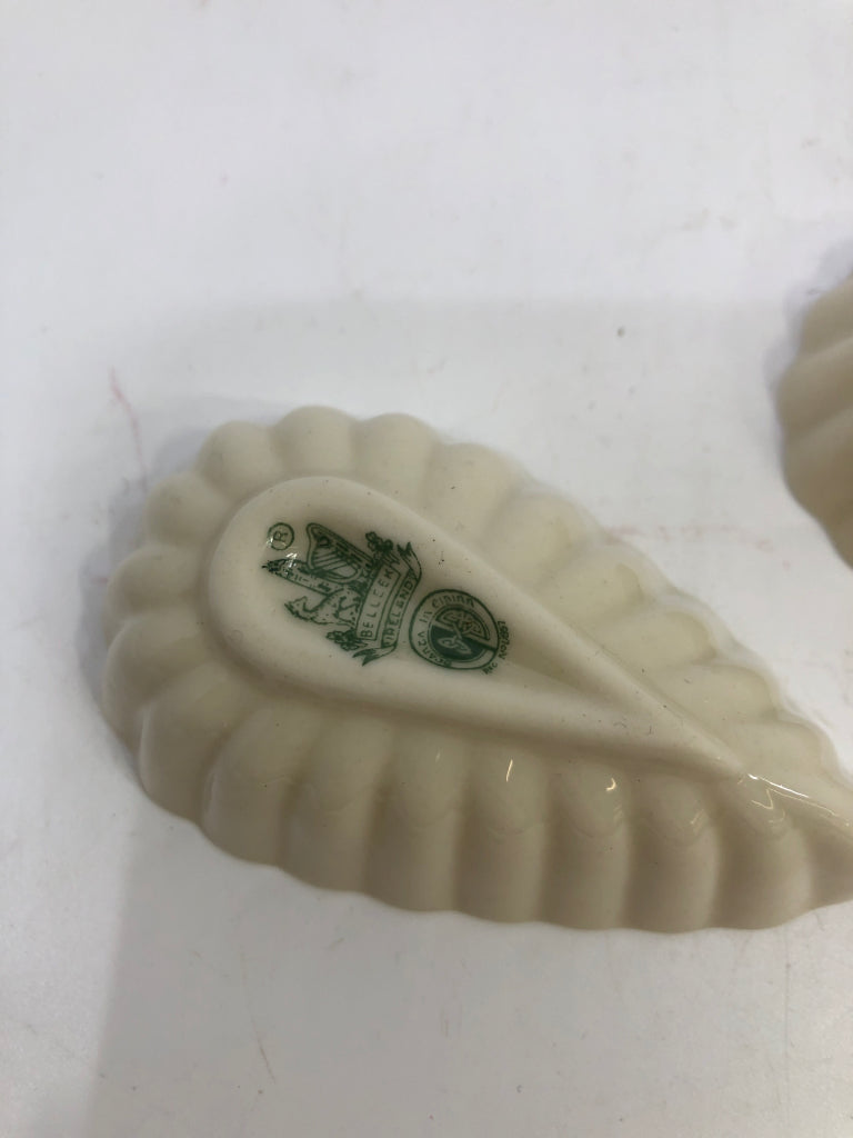 2PC VTG BELLEEK TEAR-SHAPED OPEN SALT DISH.