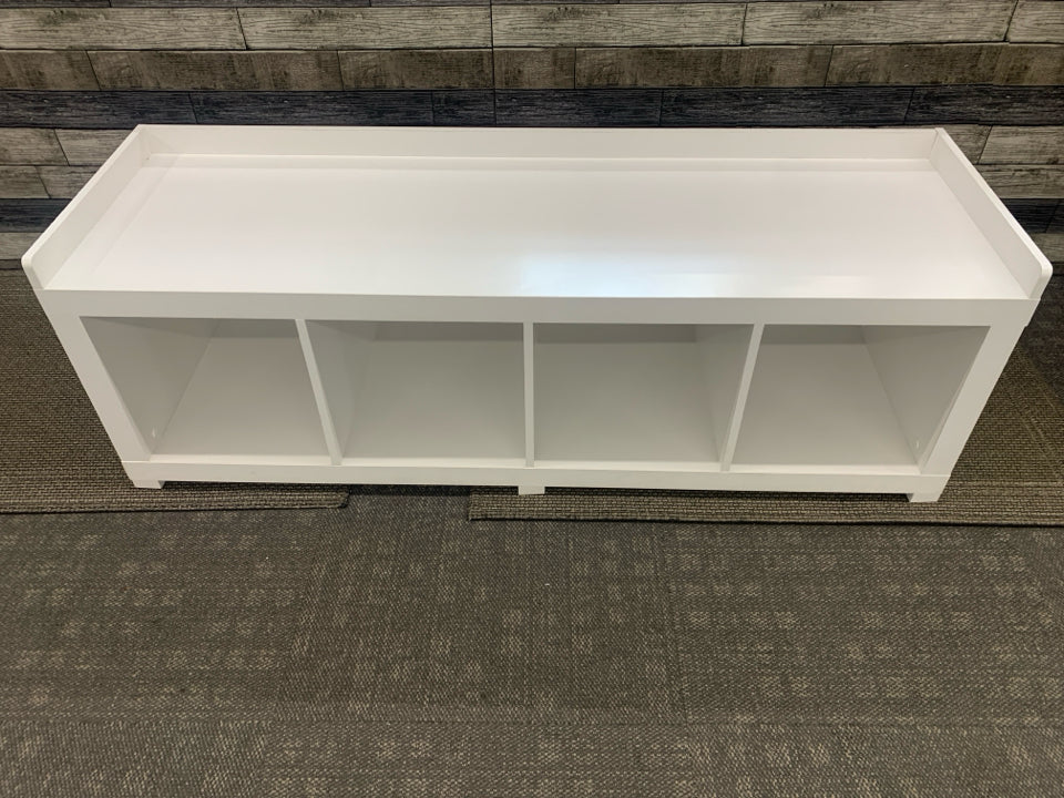 WHITE SHOE BENCH WITH CUBBIES .