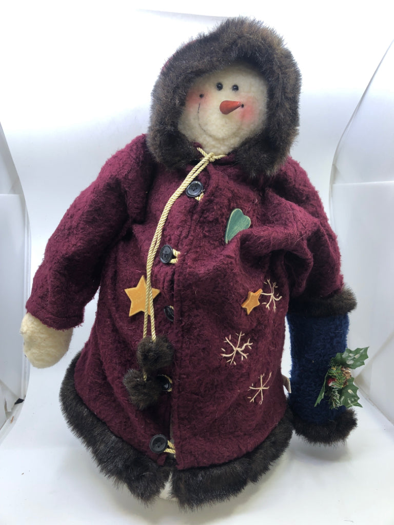 HEAVY SNOWMAN IN MAROON COAT W HEARTS AND STARS.
