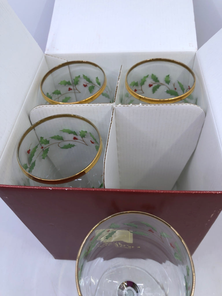 4 LENOX HOLIDAY HOLLY WINE GOBLETS.