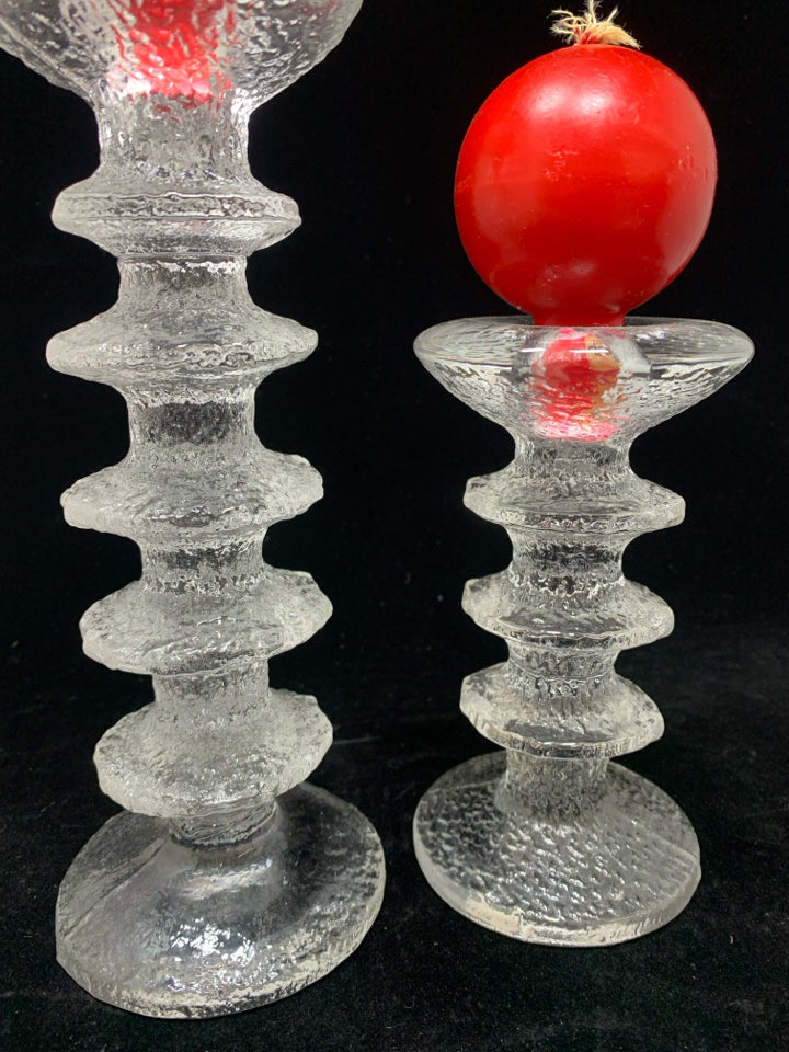 2 VTG FROSTED GLASS CANDLE HOLDERS W/RED BALL CANDLES.