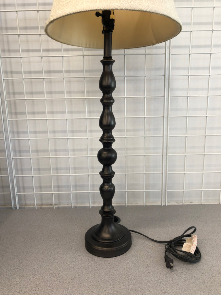 STACKED METAL LAMP W/TEXTURED SHADE.