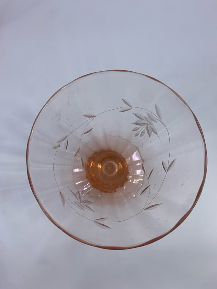 4 VTG PINK DEPRESSION GLASS FOOTED TUMBLER W/ETCHED FLOWER DESIGN.