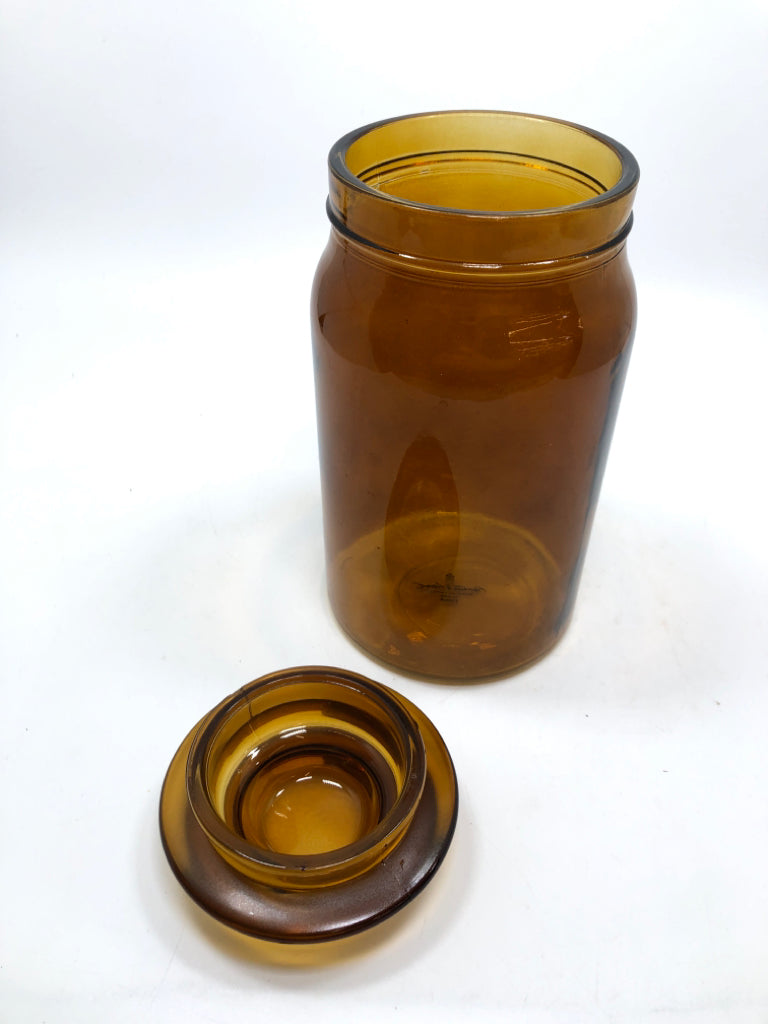 AMBER GLASS CONTAINER W/LID.