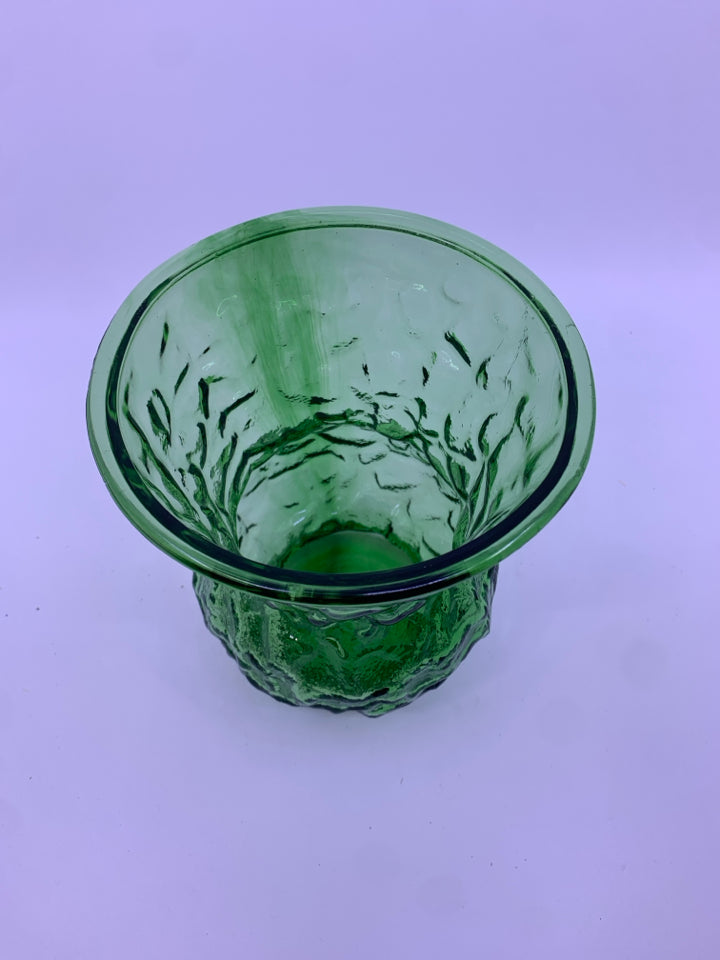 VTG FLORAL LARGE VASE FLARED TEXTURE GREEN GLASS.