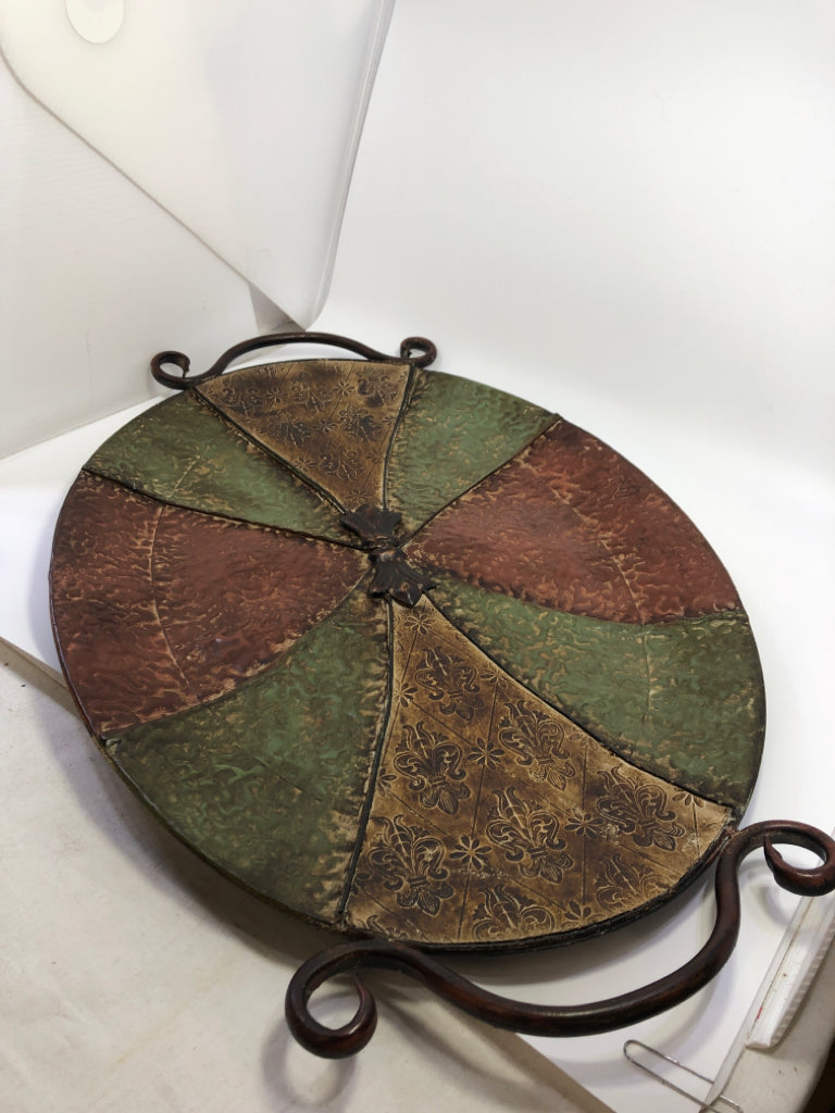 GREEN/RED HAMMERED COPPER TRAY W/HANDLES.