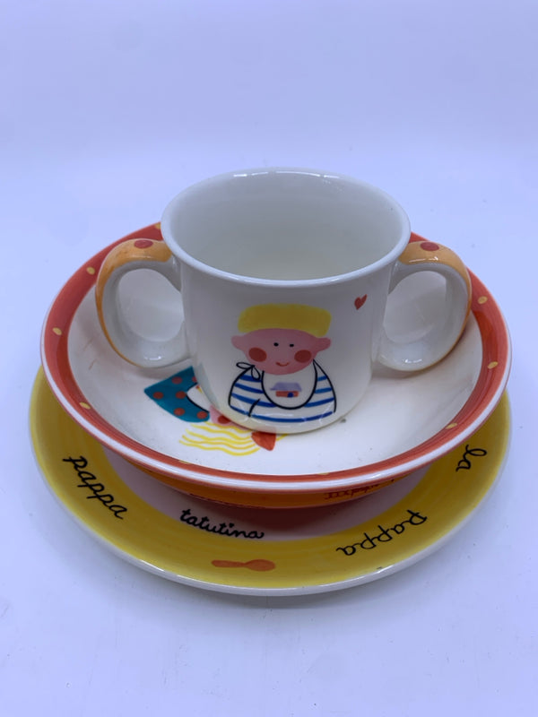 3 PC YELLOW ORANGE KIDS PLATE SET - CUP, PLATE, BOWL.