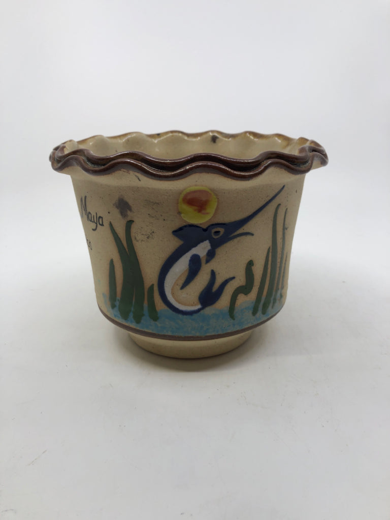 MEXICAN PAINTED POTTERY SWORDFISH WAVY EDGE PLANTER.