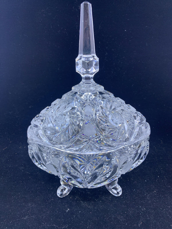 HEAVY FOOTED GLASS CANDY DISH W LID.