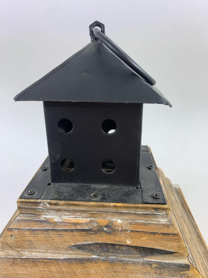WOODEN LANTERN CANDLE HOLDER W/METAL TOP.