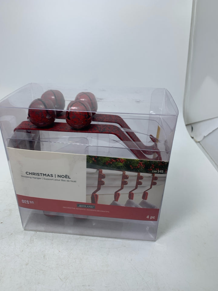 NIB 4 RED CHRISTMAS BELLS STOCKING HANGERS ASHLAND.