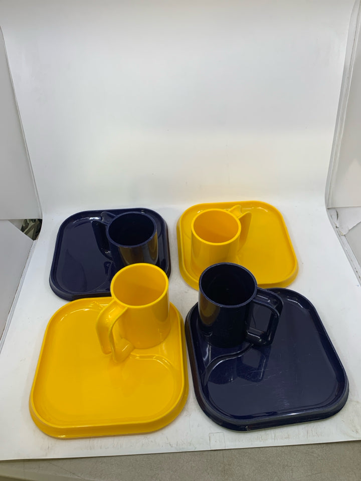 8 PC SVC 4 VTG BLUE & YELLOW PLASTIC SNACK PLATE/ CUP INGRID.