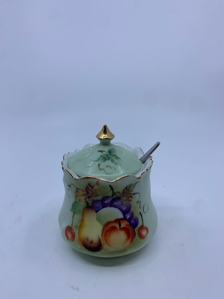 VTG GREEN SUGAR BOWL W SPOON.