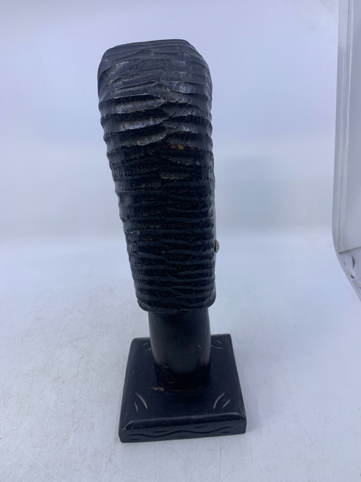 LARGE BLACK CARVED WOOD HEAD W/ METAL EARRINGS FOLK ART.