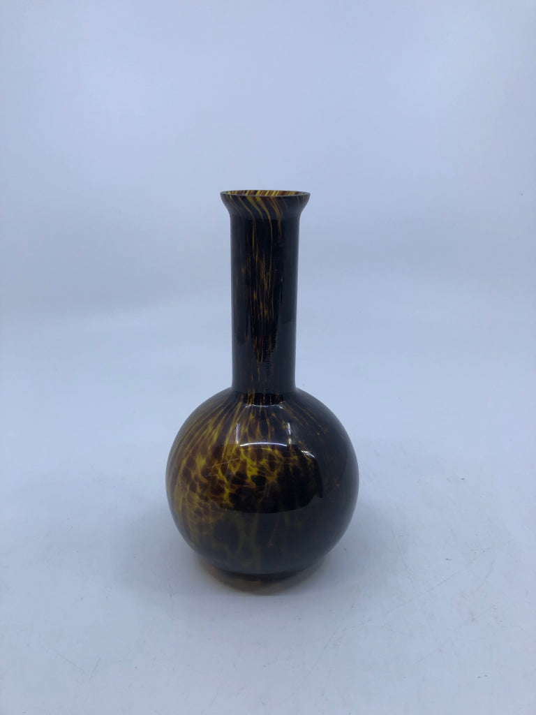 BROWN ROUND BOTTOM BLOWN GLASS SKINNY NECK VASE.