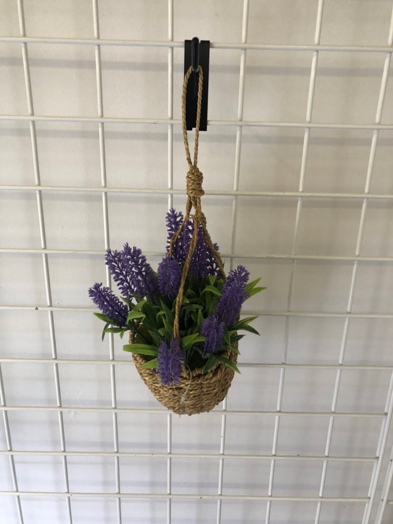 WOVEN HANGING BASKET W/ FAUX LAVENDER.