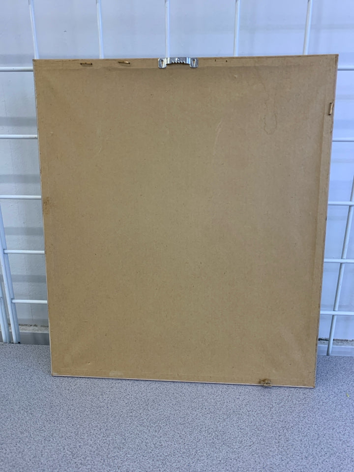 PINK FLOWER WATERCOLOR IN WHITEWASHED WOOD FRAME.