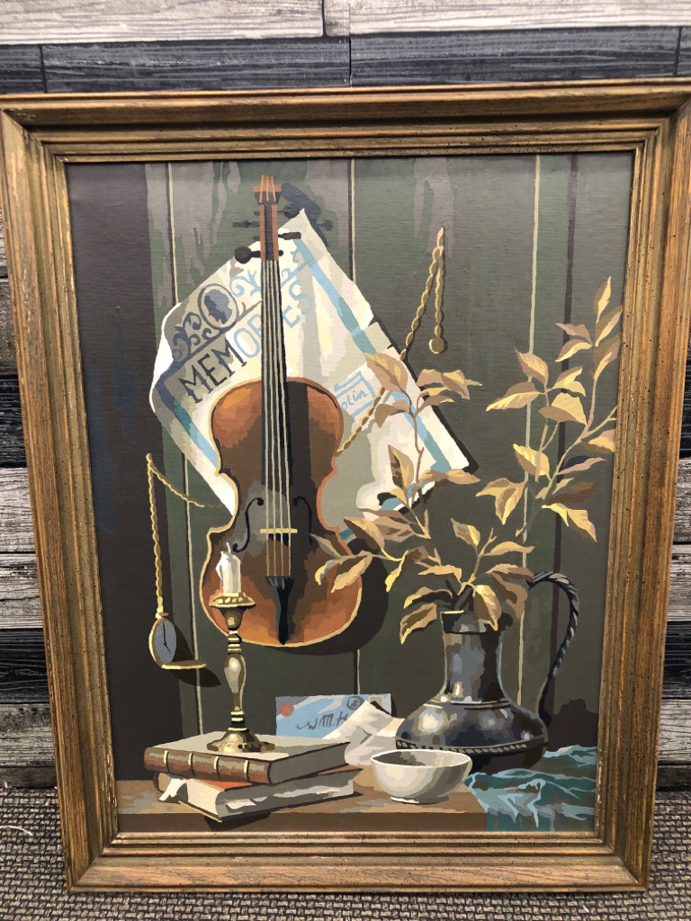 VTG DESK SCENE W VIOLIN IN WOOD FRAME WALL ART.