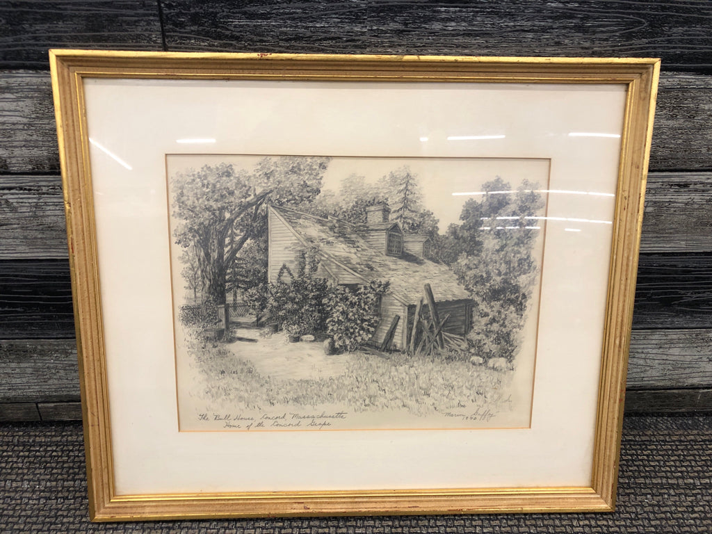 THE BULL HOUSE CONCORD DRAWING IN GOLD FRAME- SIGNED.