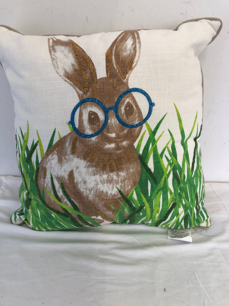 BUNNY W BLUE GLASSES SQUARE PILLOW.