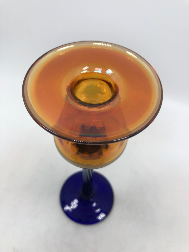ORANGE/BLUE GLASS TAPER HOLDER.