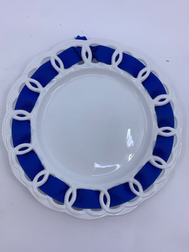 LARGE WHITE LACE EDGE PLATE W BLUE RIBBON.