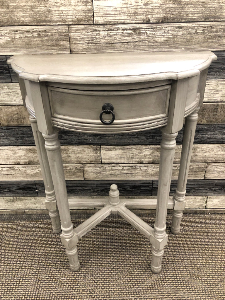 GRAY HALF MOON END TABLE W/DRAWER.