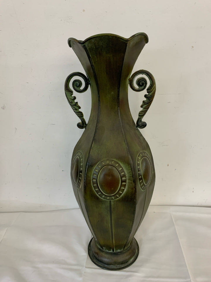 FOOTED GREEN AND BROWN TIN FLARED TOP VASE W HANDLES.