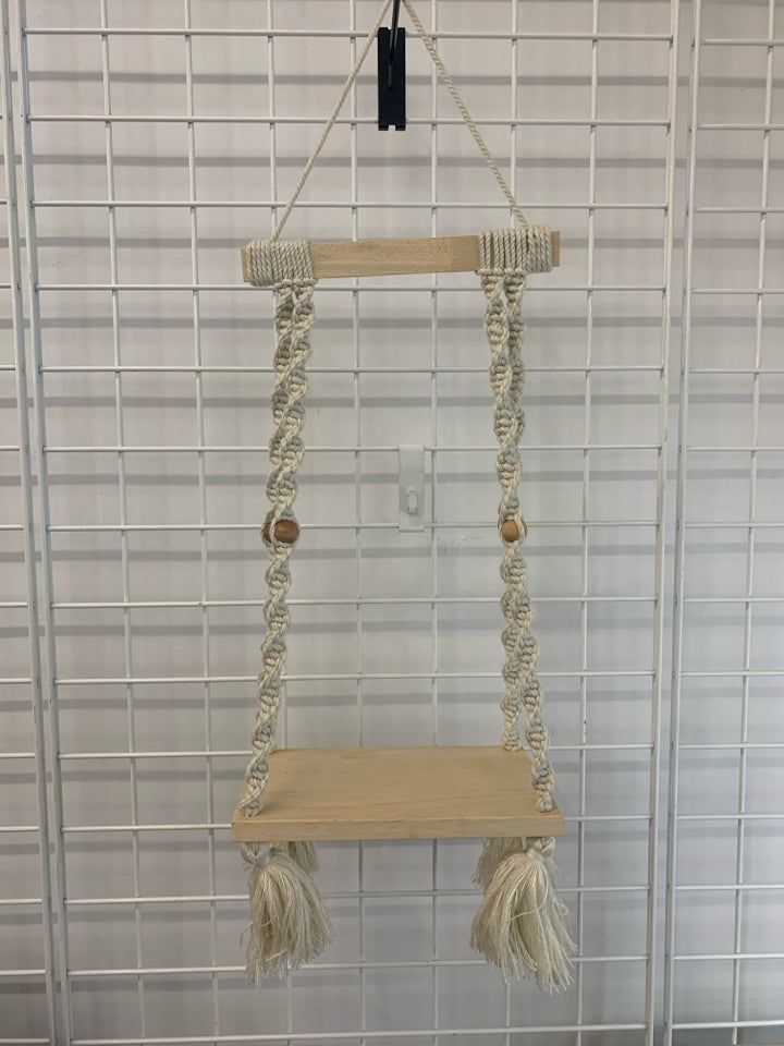 HANGING MACRAME AND WOOD SHELF.