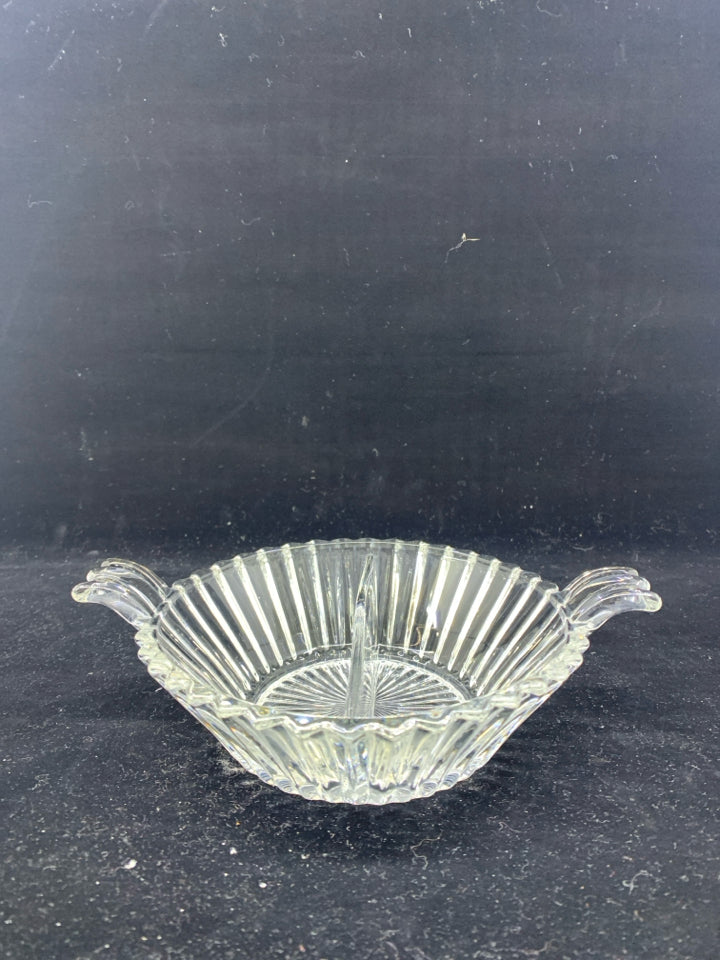 RIBBED 2 SECTION GLASS BOWL W HANDLES.