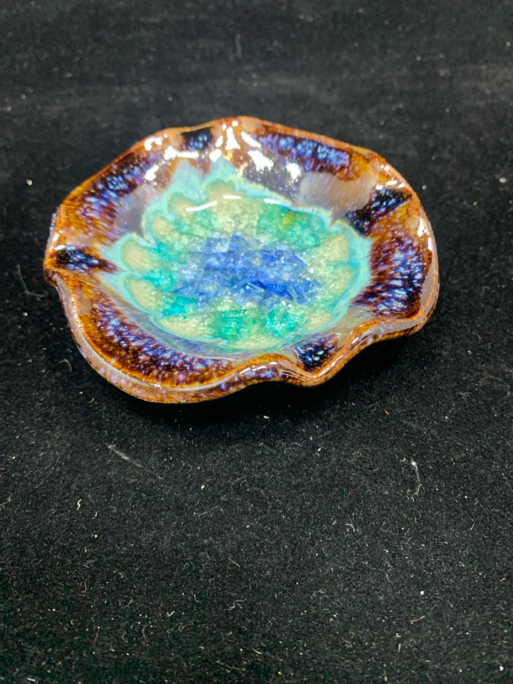 BLUE CRYSTAL POTTERY RING DISH.