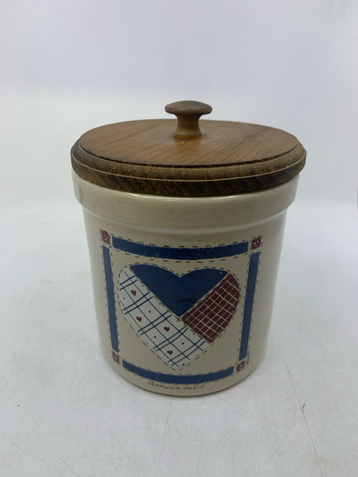 CREAM W/ PATCHWORK HEART WOOD LID.