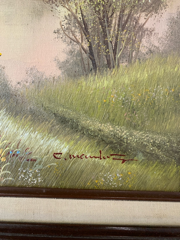 LITTLE GIRL SITTING AT LAKE W UMBRELLA PATTERN IN BROWN FRAME.