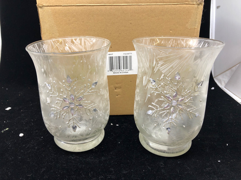 NIB FROSTED GLASS SNOWFLAKE CANDLE HURRICANES.