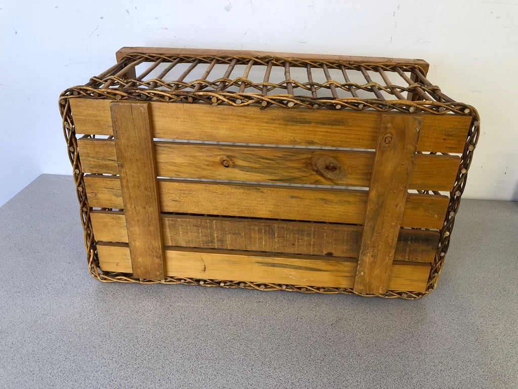 WOOD MILK CRATE W METAL HANDLES.