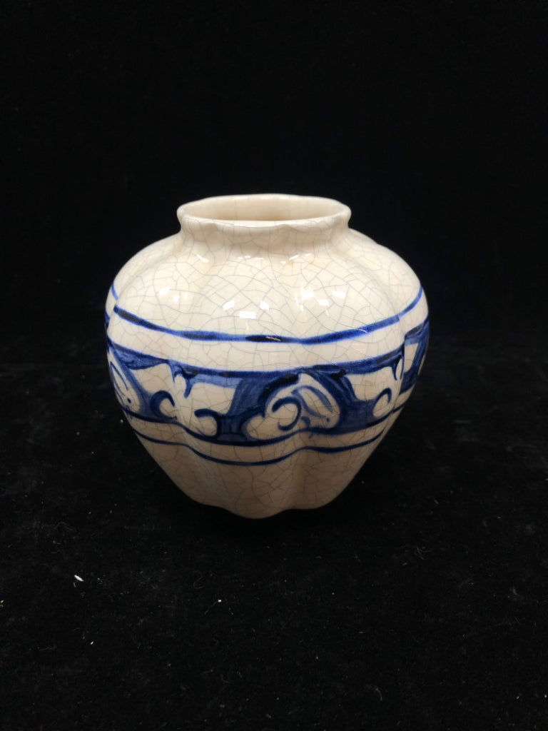 BLUE BUNNY CRACKLE POTTING SHED POTTERY VASE.