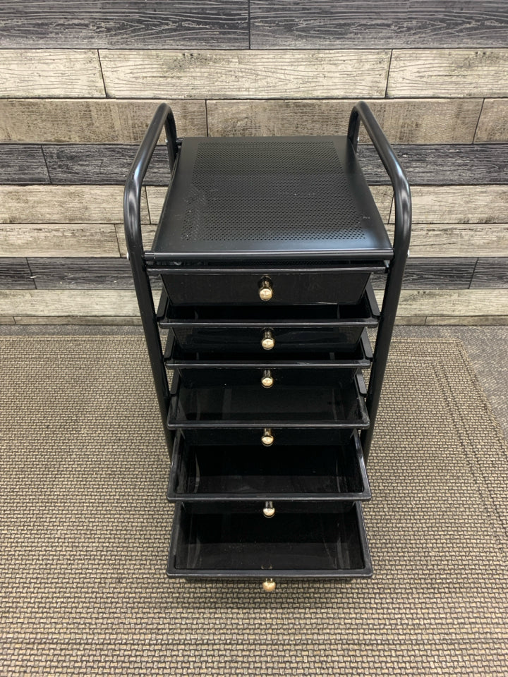 6-DRAWER BLACK ORGANIZER W/GOLD KNOBS.